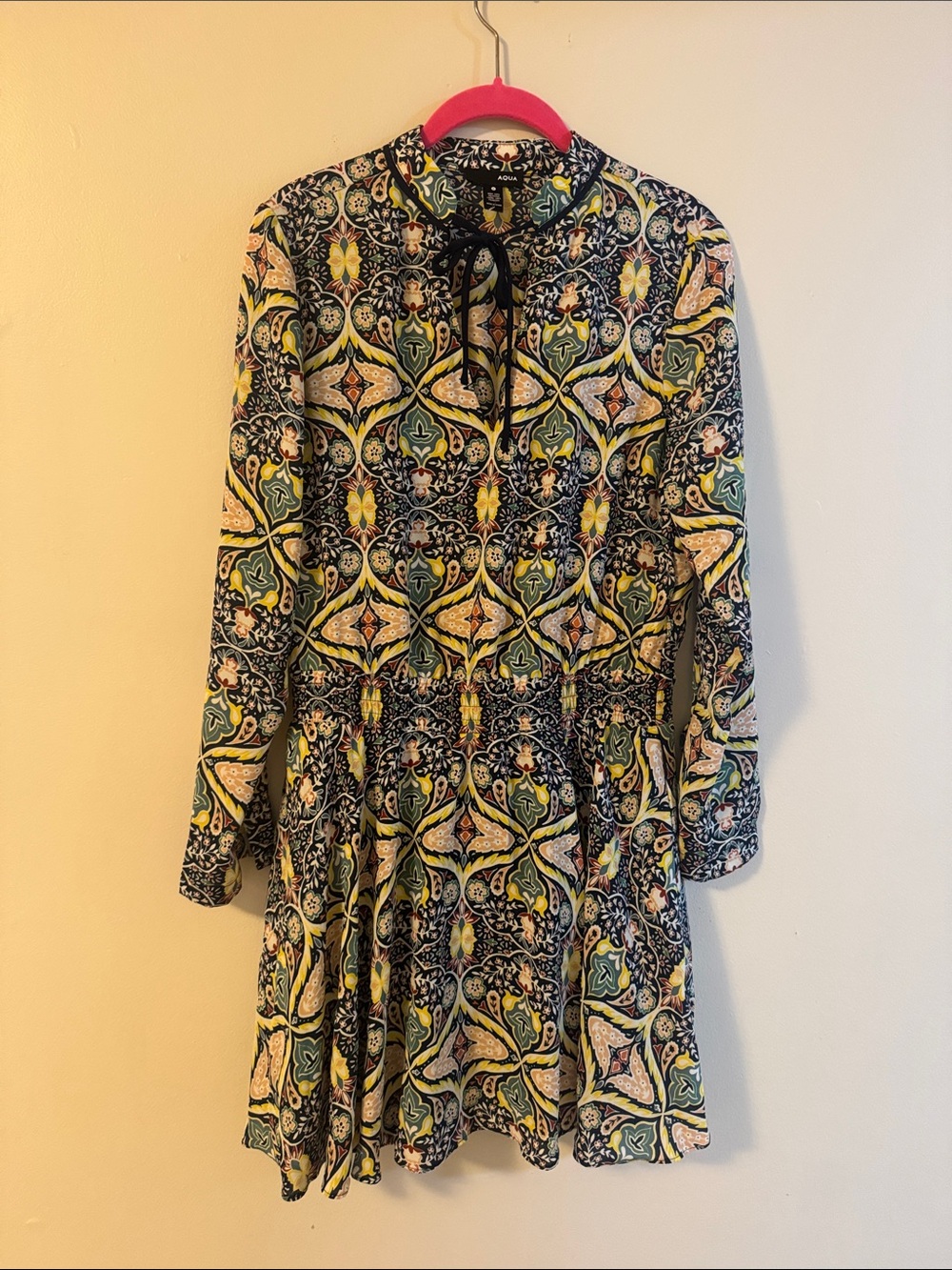 Aqua Long-Sleeve Printed Smocked Dress in Navy, Yellow, Green and Cream